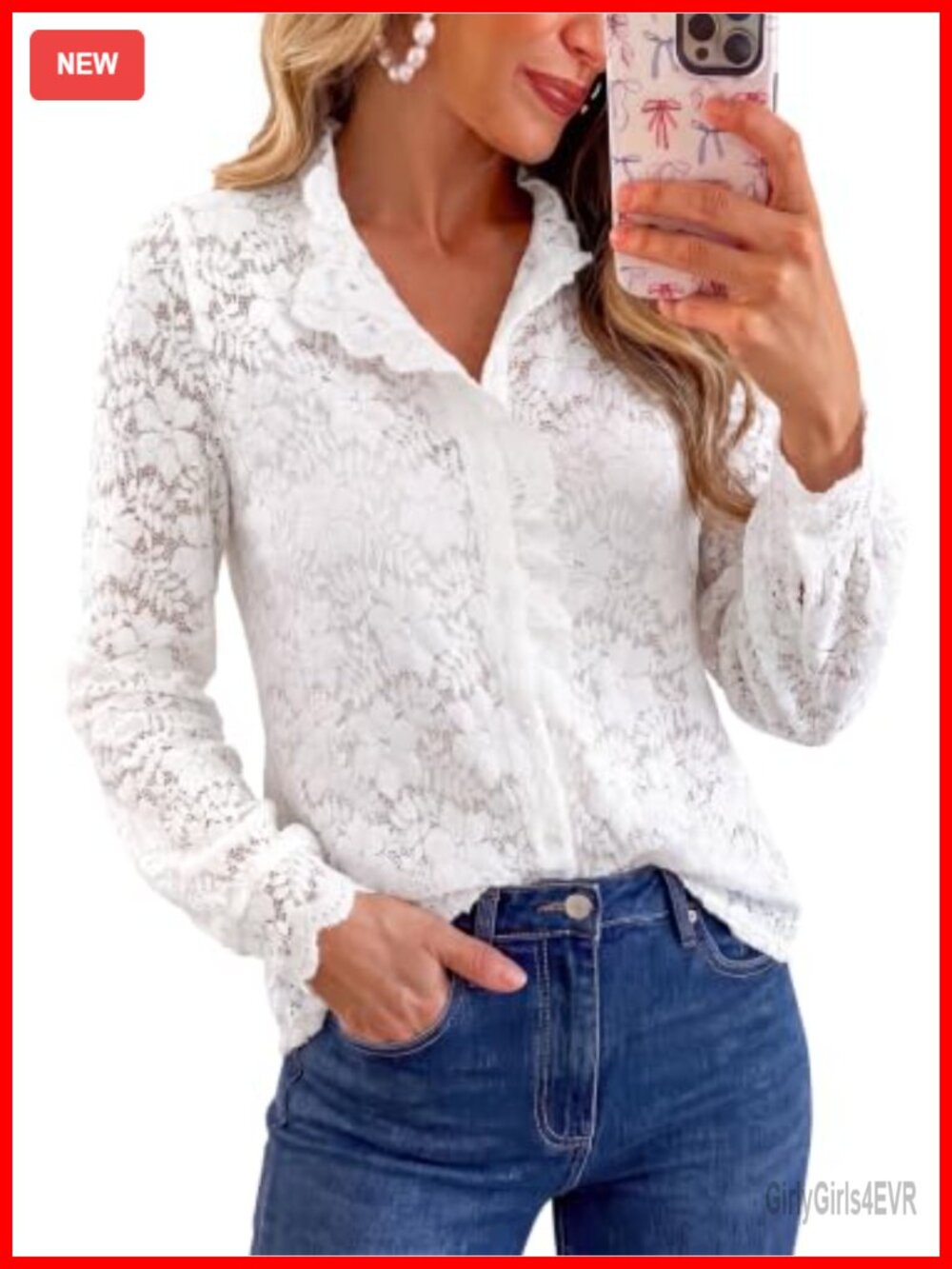 Womens Sheer Floral Lace Button Down Blouse Ruffle Collar